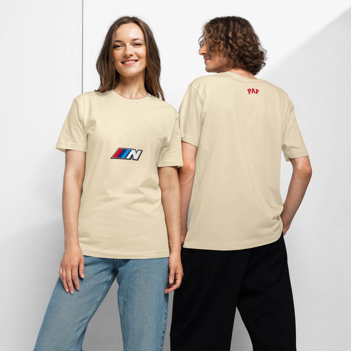 Natural N POWERED unisex fine jersey tee, front and back views