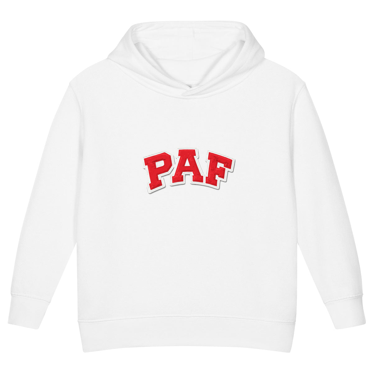 THE PAF ATHLETIC toddler fleece hoodie in white, front view

