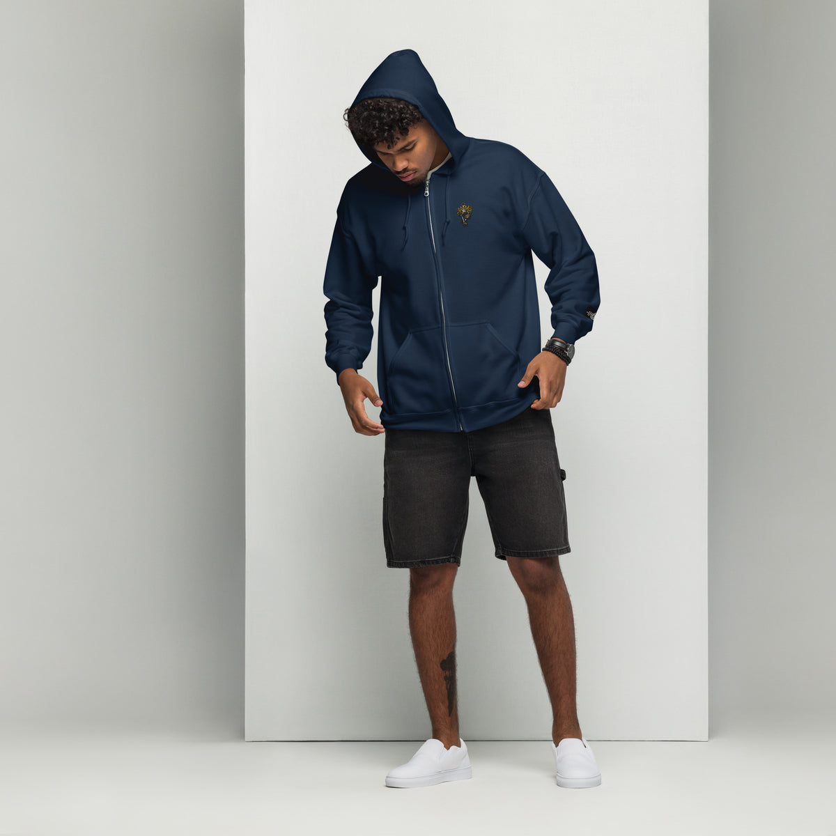 Navy THE PAF ELITE unisex zip hoodie, front view

